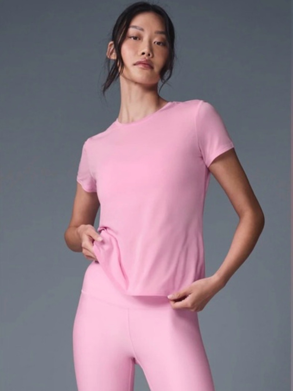 Alo Yoga Sweet Pink All Day Short Sleeve Tee with Matching Sweet Pink Socks